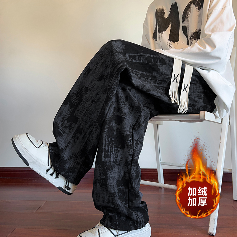 美式扎染裤子男款潮牌加绒加厚秋冬慵懒百搭休闲裤ins宽松直筒裤