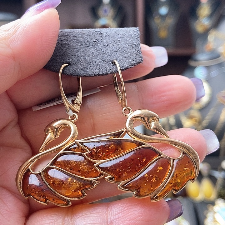 琥珀耳饰银S925镶嵌耳环