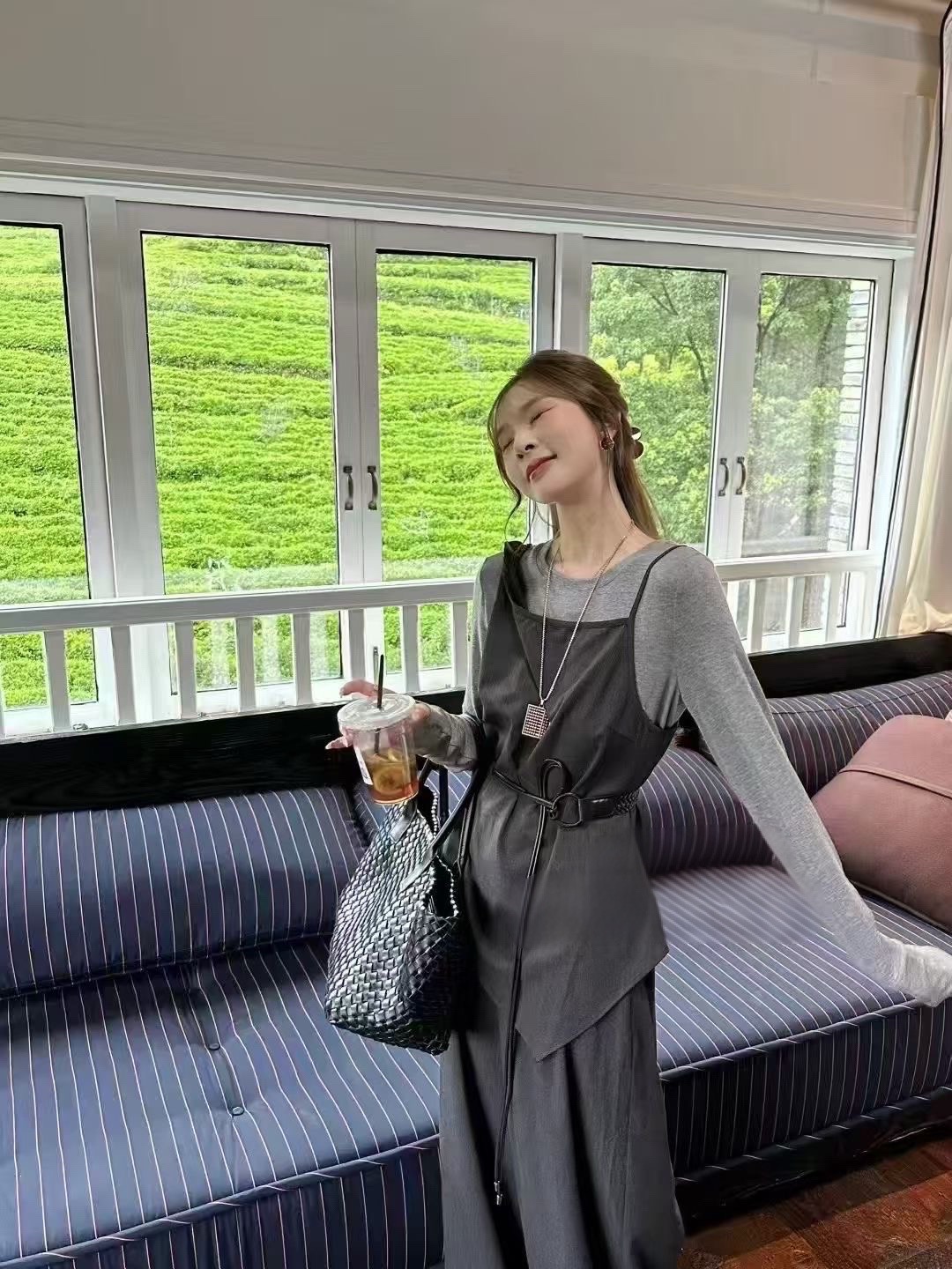 早秋新款韩系气质优雅风时尚显瘦设计款长袖打底阔腿裤三件套套装