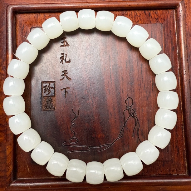 新疆和田玉白玉卡8直切暖白女士手串男士手链极限弧高白百搭时尚