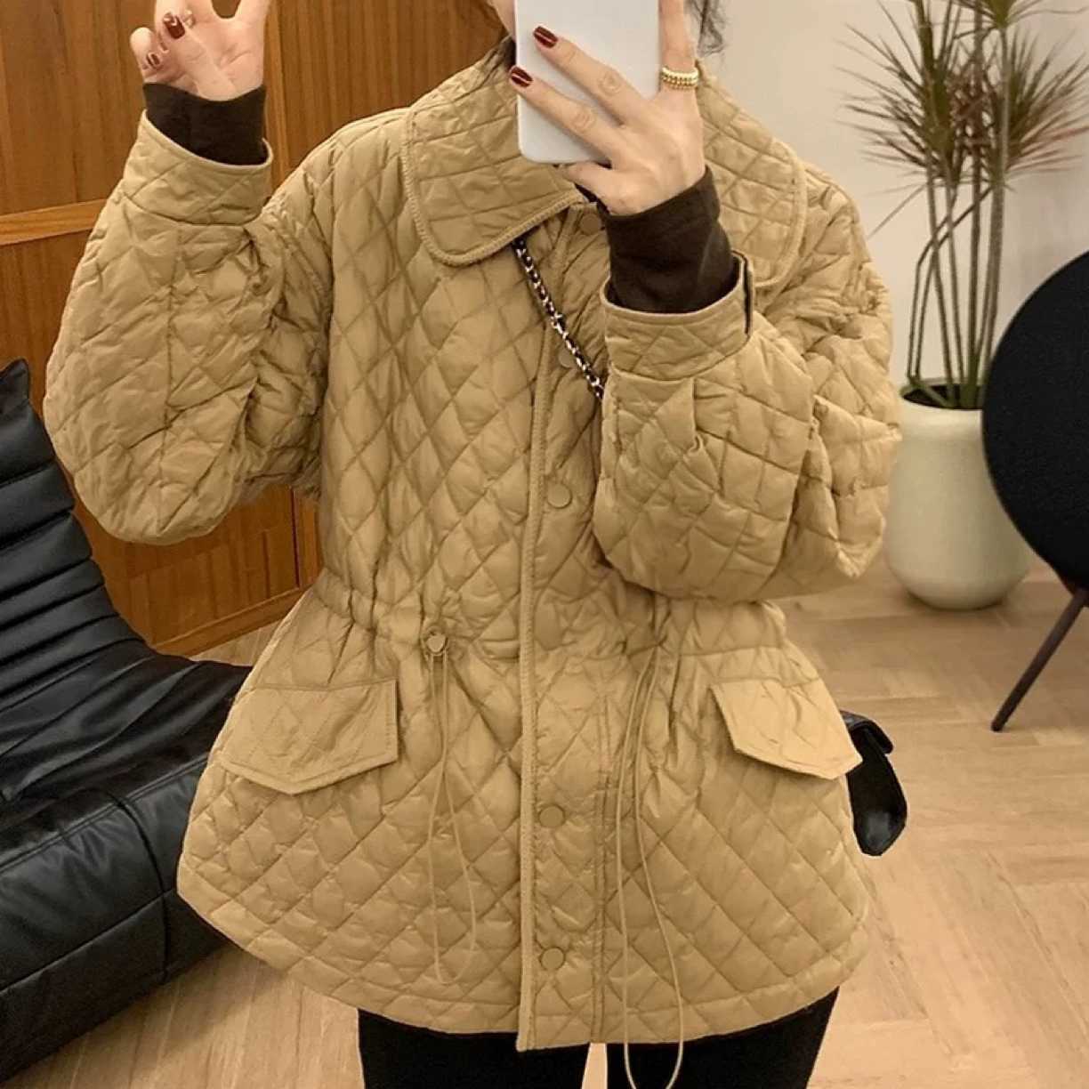 9310咖色菱格棉服女冬季翻领抽绳收腰显瘦宽松百搭保暖棉衣外套