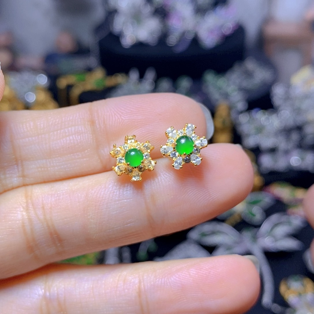 翡翠银S925镶嵌耳饰天然翡翠