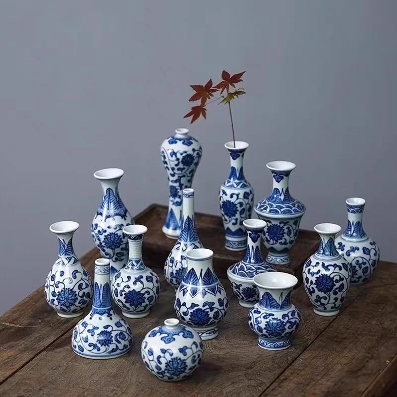 青花复古手绘小花瓶摆件客厅插花景德镇中式瓷器水培装饰品博古架