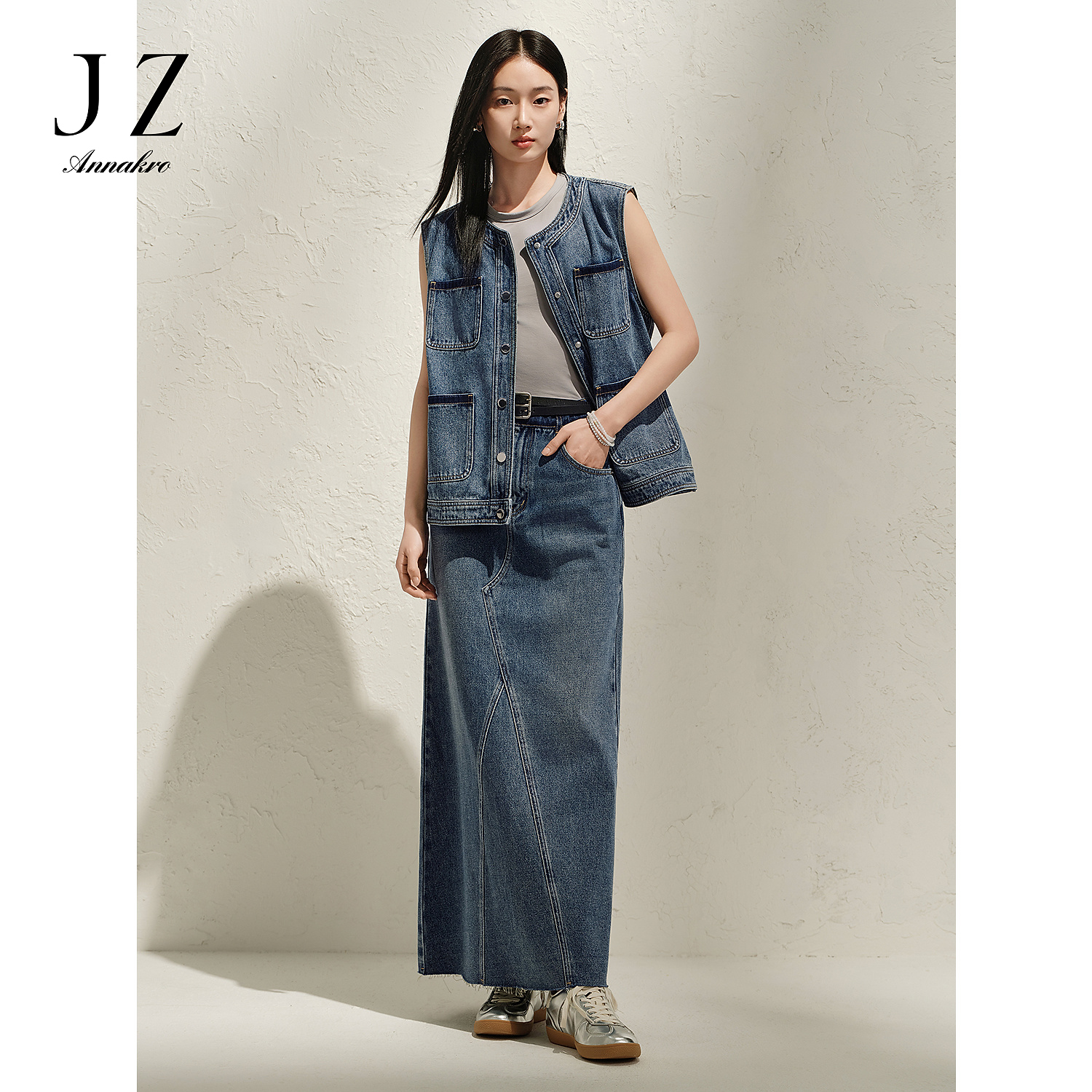 【籽言专属】玖姿安娜蔻KWFC20001新疆棉牛仔撞色边A字半身裙女春