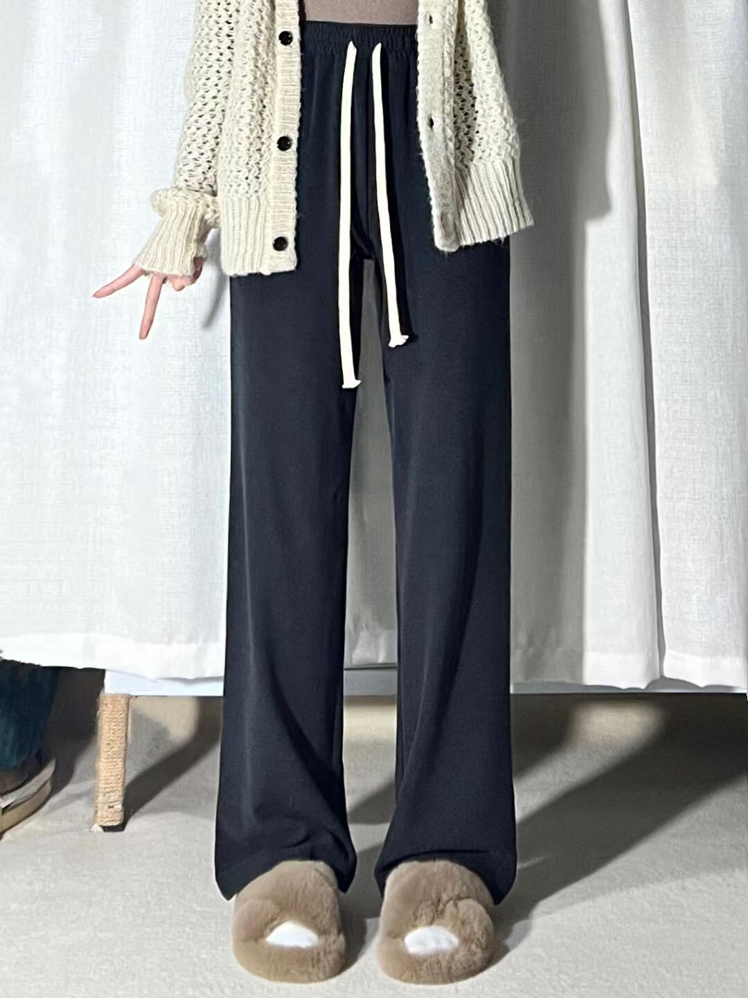 371-380女士雪尼尔休闲裤阔腿宽松显瘦运动直筒时尚百搭加绒加厚