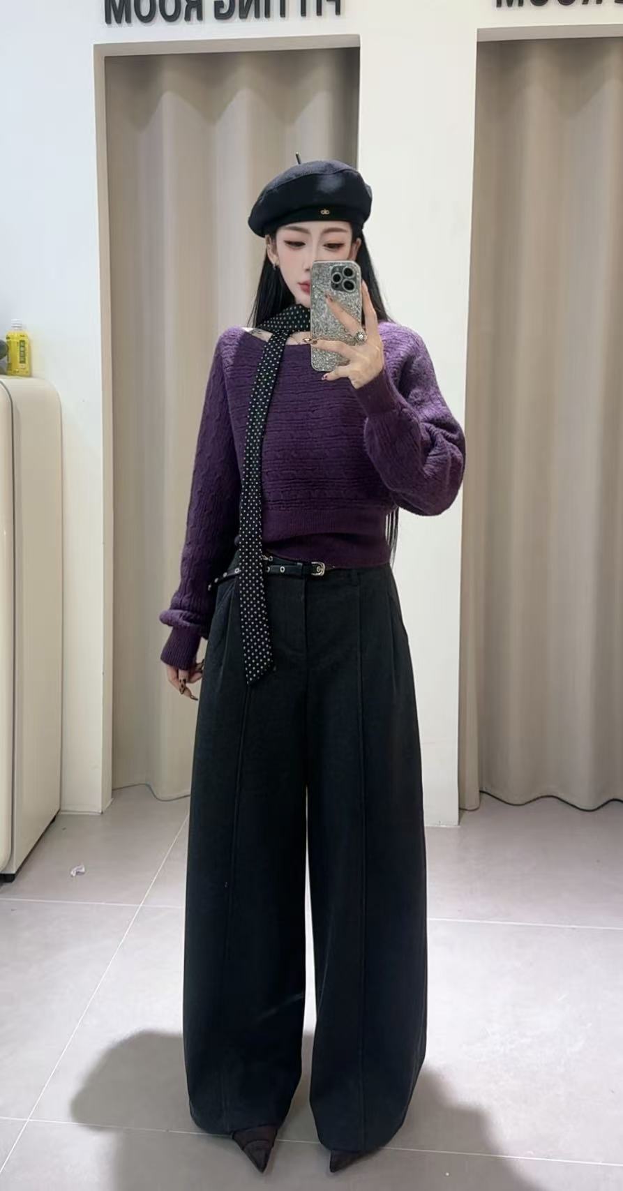 [DARUI]美式复古辣妹风设计感腰带阔腿裤宽松显瘦弯刀裤58358