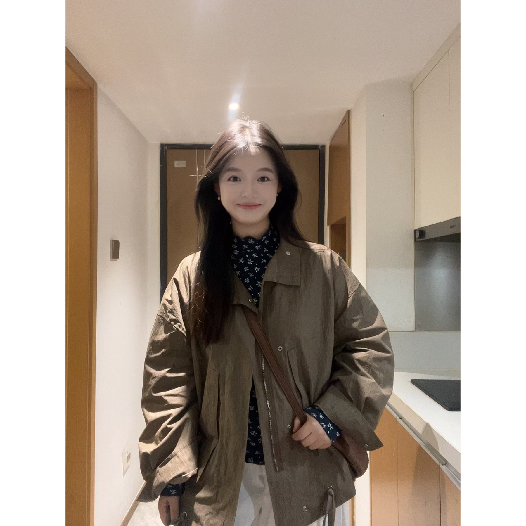 Nideaxi立领宽松型薄款短款女长袖短外套复古