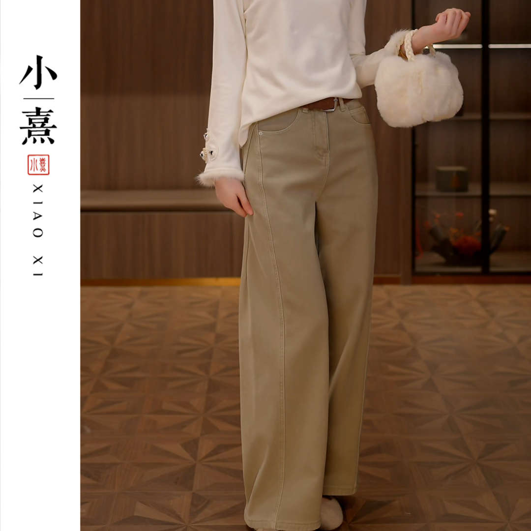 【言晞】冬季2025新款牛仔裤女新中式加绒加厚国风气质显瘦休闲裤子