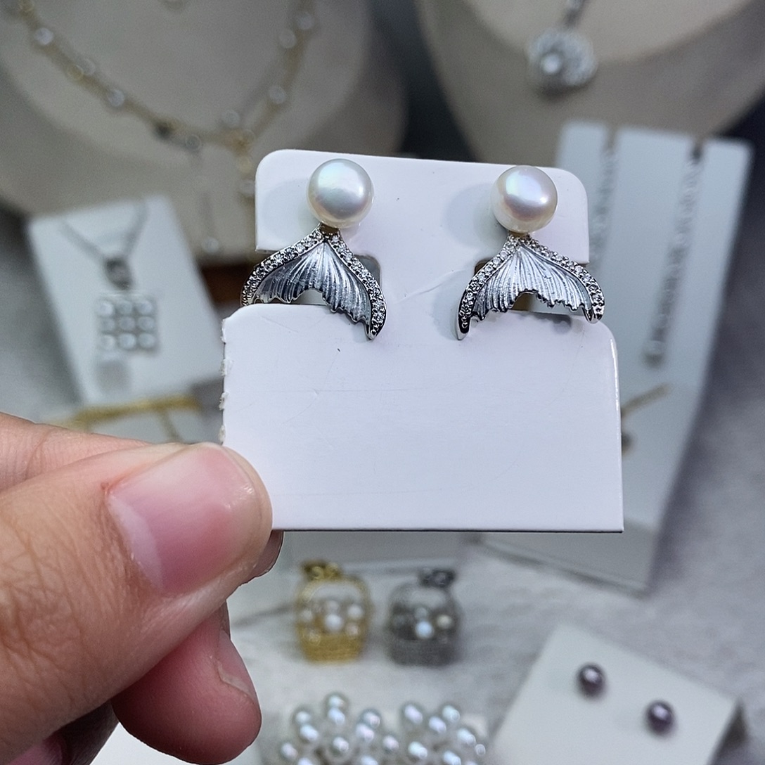 耳饰银S925镶嵌淡水珍珠