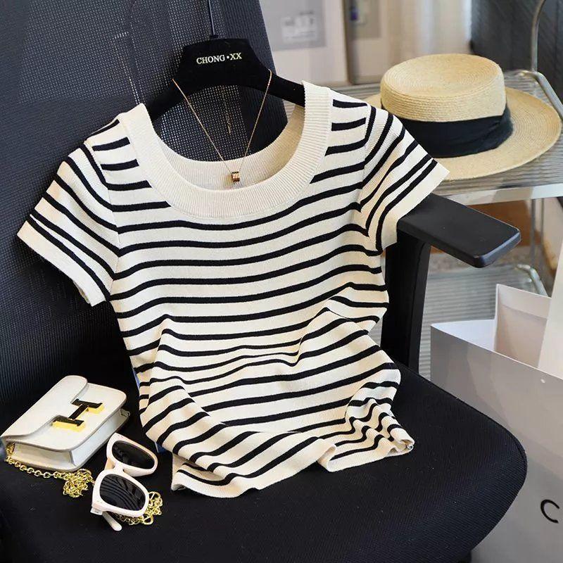D5671黑白条纹冰丝U领正肩短袖t恤女夏季小香风高级短款针织上衣