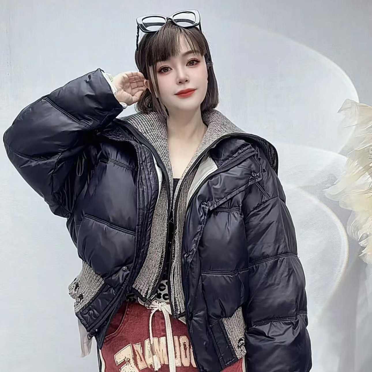 针织披肩领拼接羽绒服女款2025新款冬季外套欧货保暖洋气