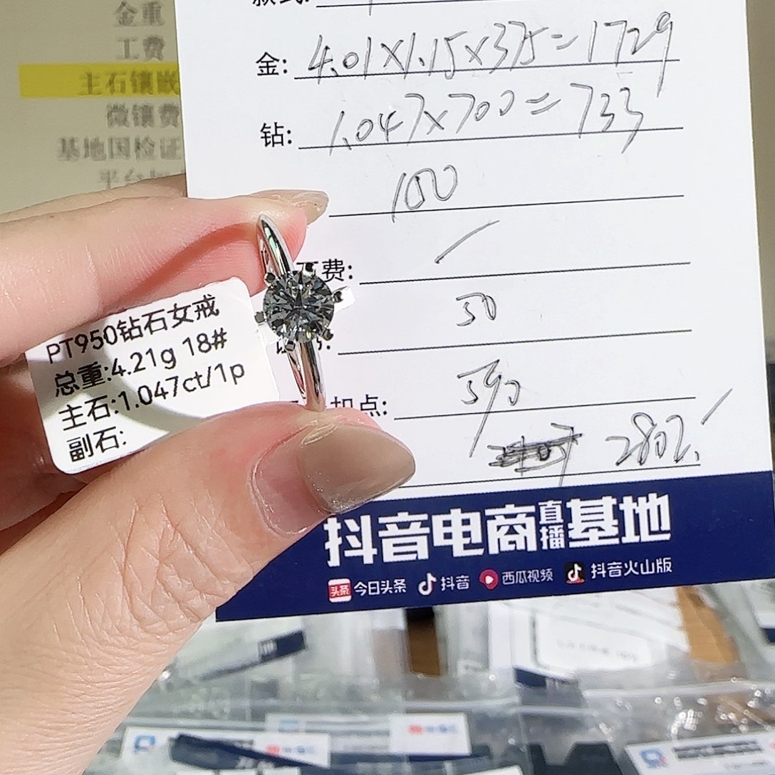 实验室培育钻石铂Pt950镶嵌T家1克拉18号