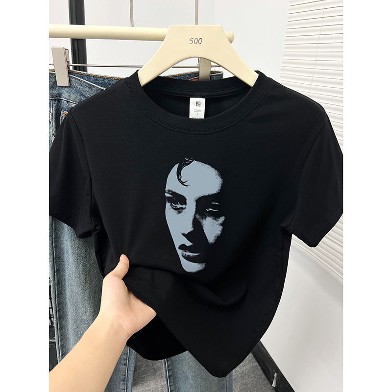 黑色圆领短袖T恤女夏季新款潮牌个性人物印花大码正肩半袖上衣服