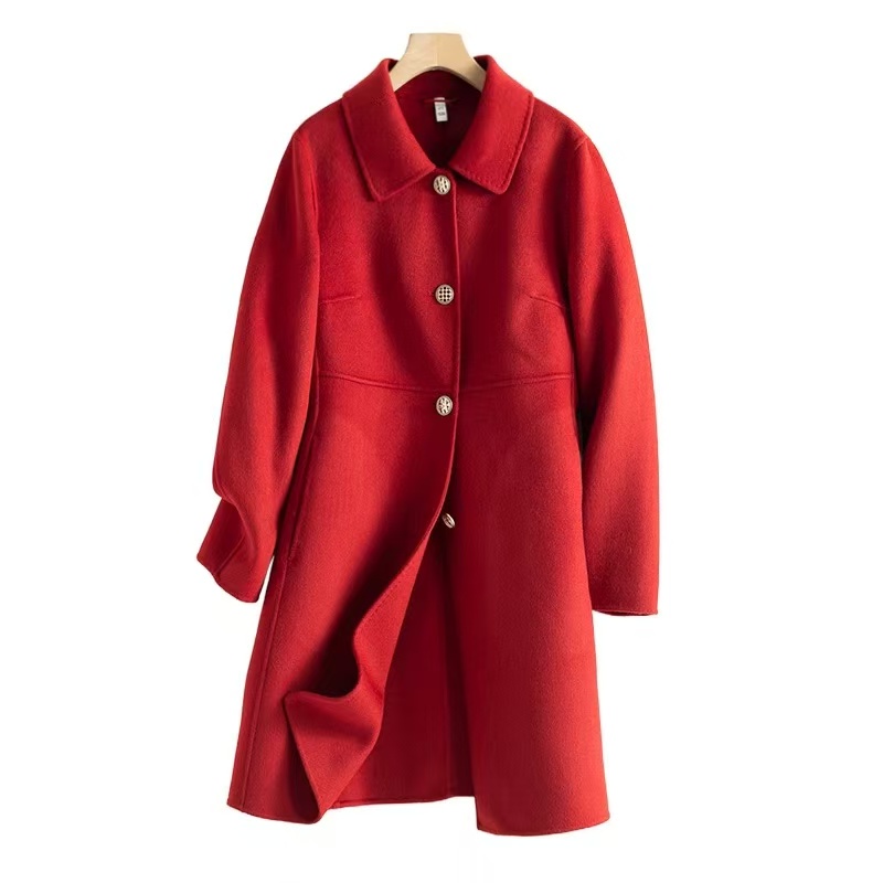 D13春秋新款中长款气质单排金属扣双面呢大衣