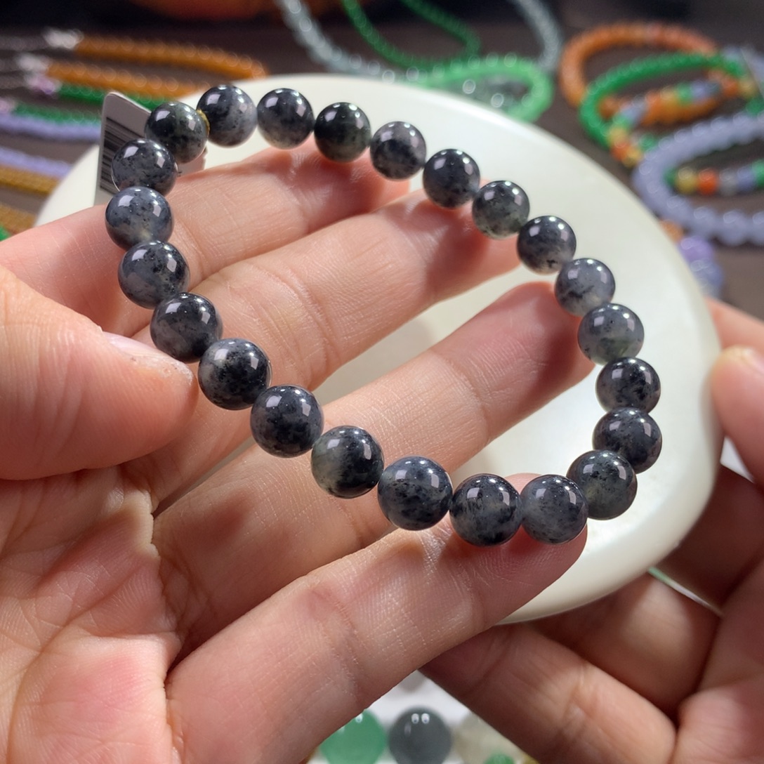 翡翠未镶嵌手链黑冰水墨画冰乌鸡手串 卡7.9~8