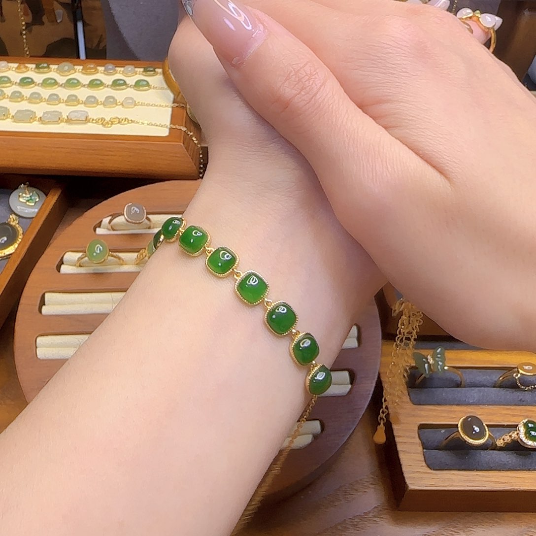 和田玉手链银S925镀金镶嵌