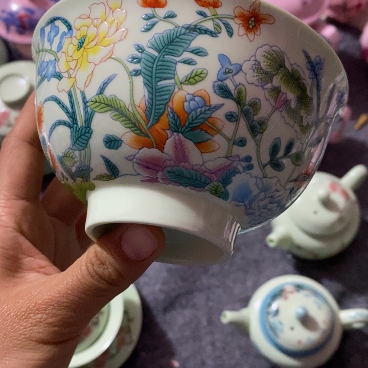 盖碗陶瓷5寸绿稀土万花碗