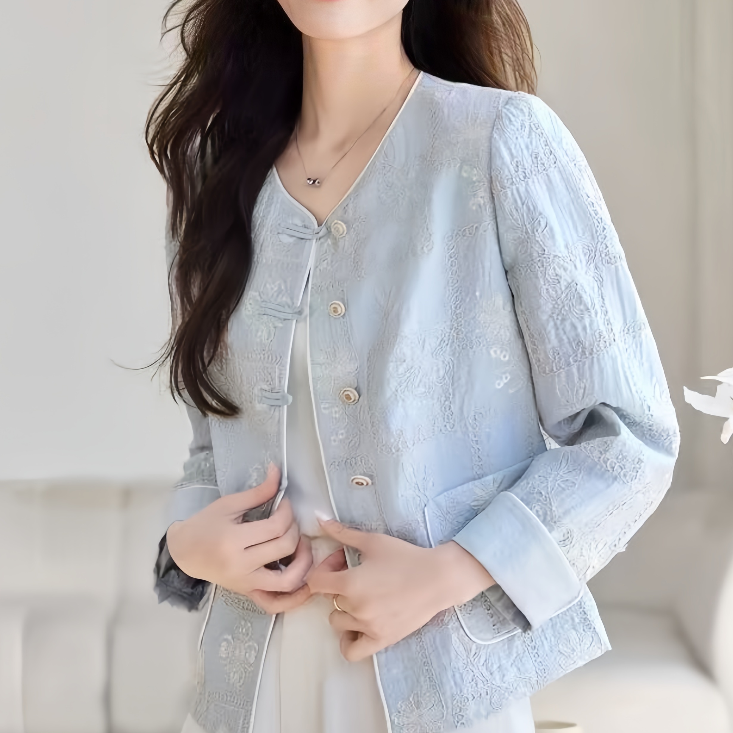 W008感短款纯色春季新中式短外套女