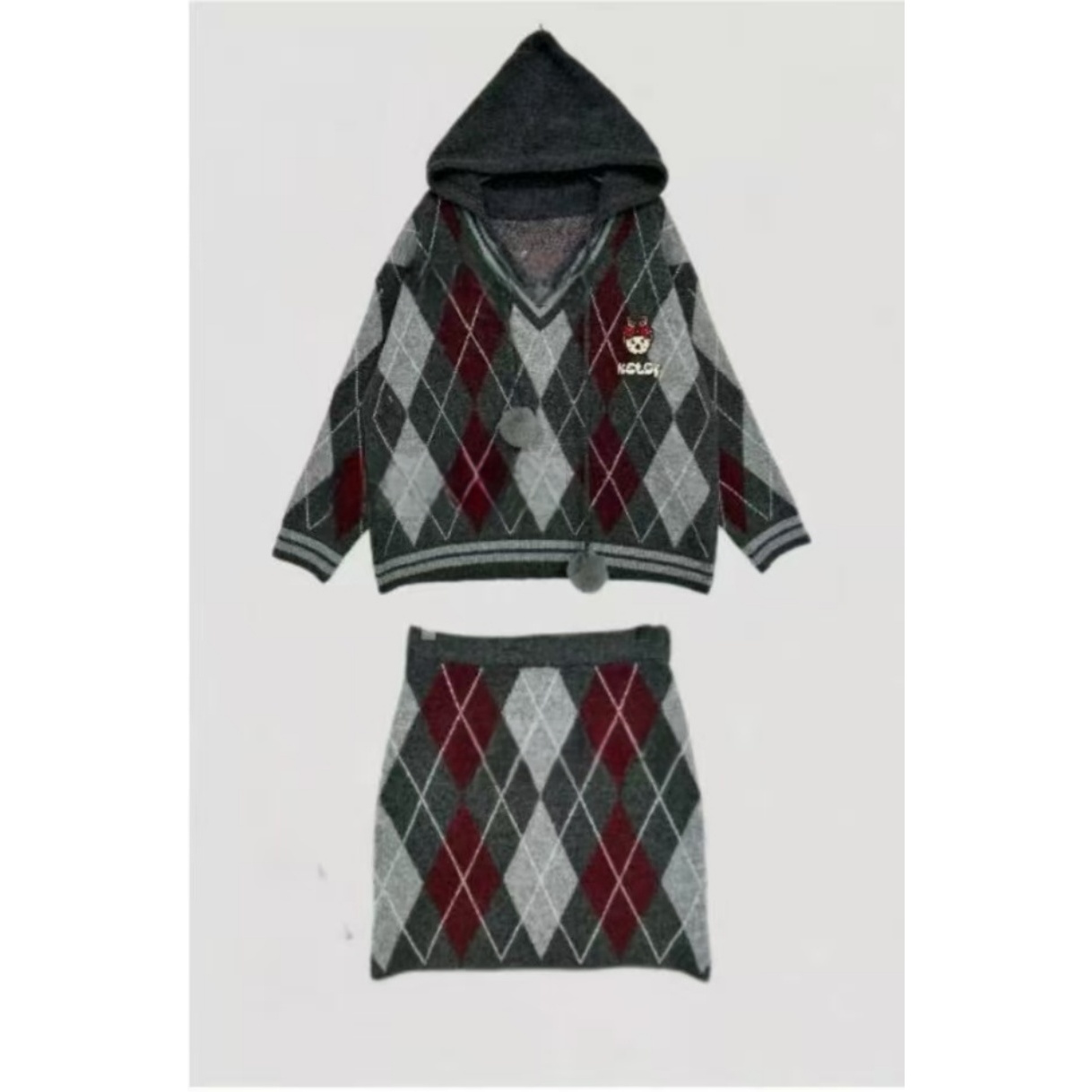 【小熊套装】新款秋冬复古小熊菱格连帽针织套头毛衣短裙套装.D2329