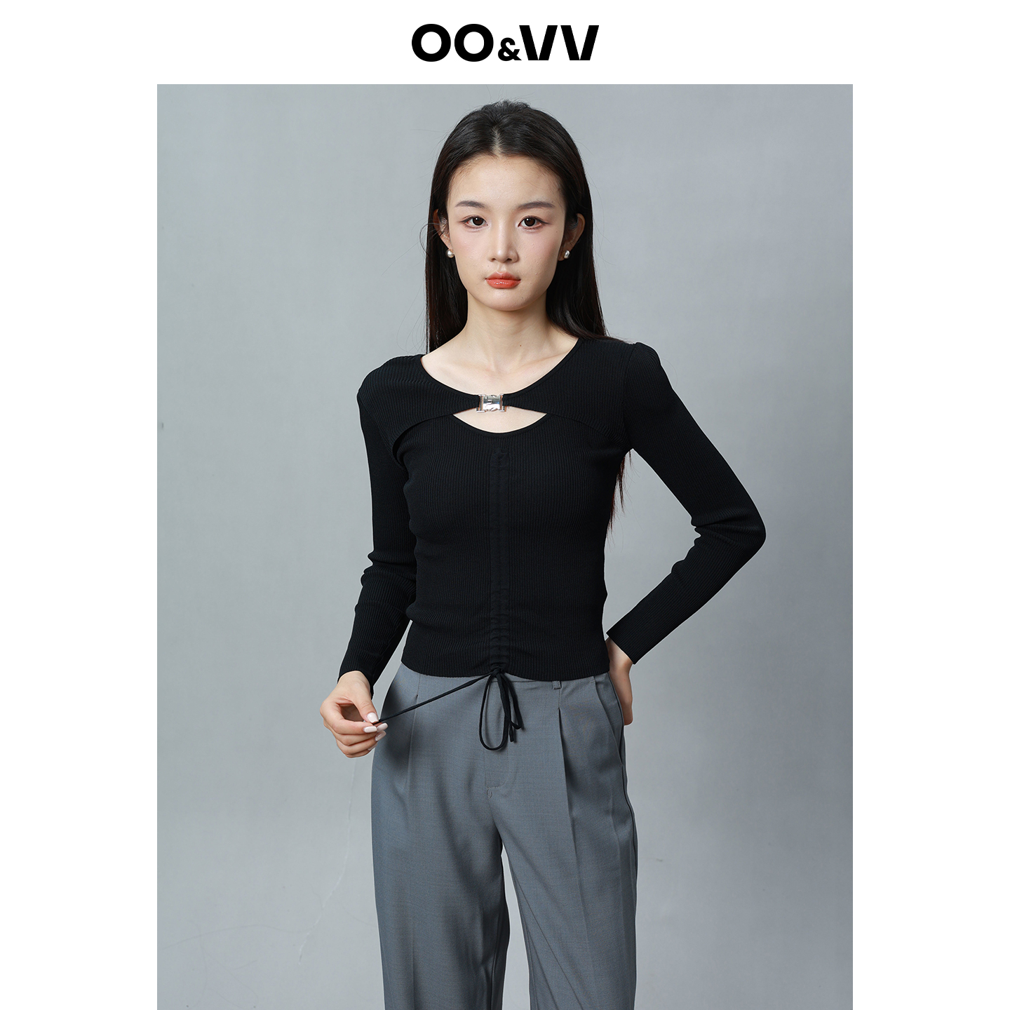 OO&VV黑色收腰针织衫女25秋新设计感不规则金属装饰长袖打底上衣