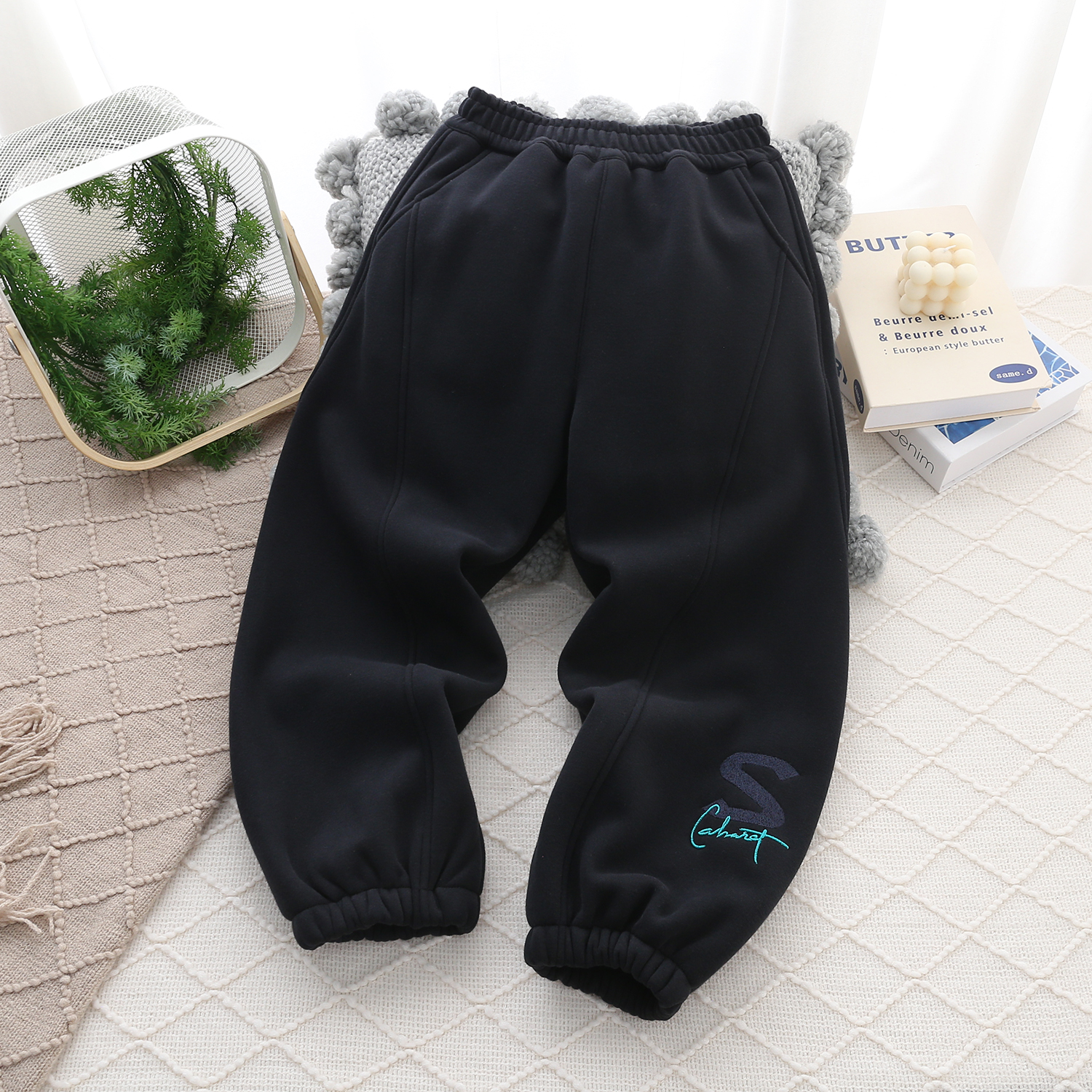 26270立体S松紧脚口微胖儿童一体绒休闲裤拼接加绒运动裤韩版长裤