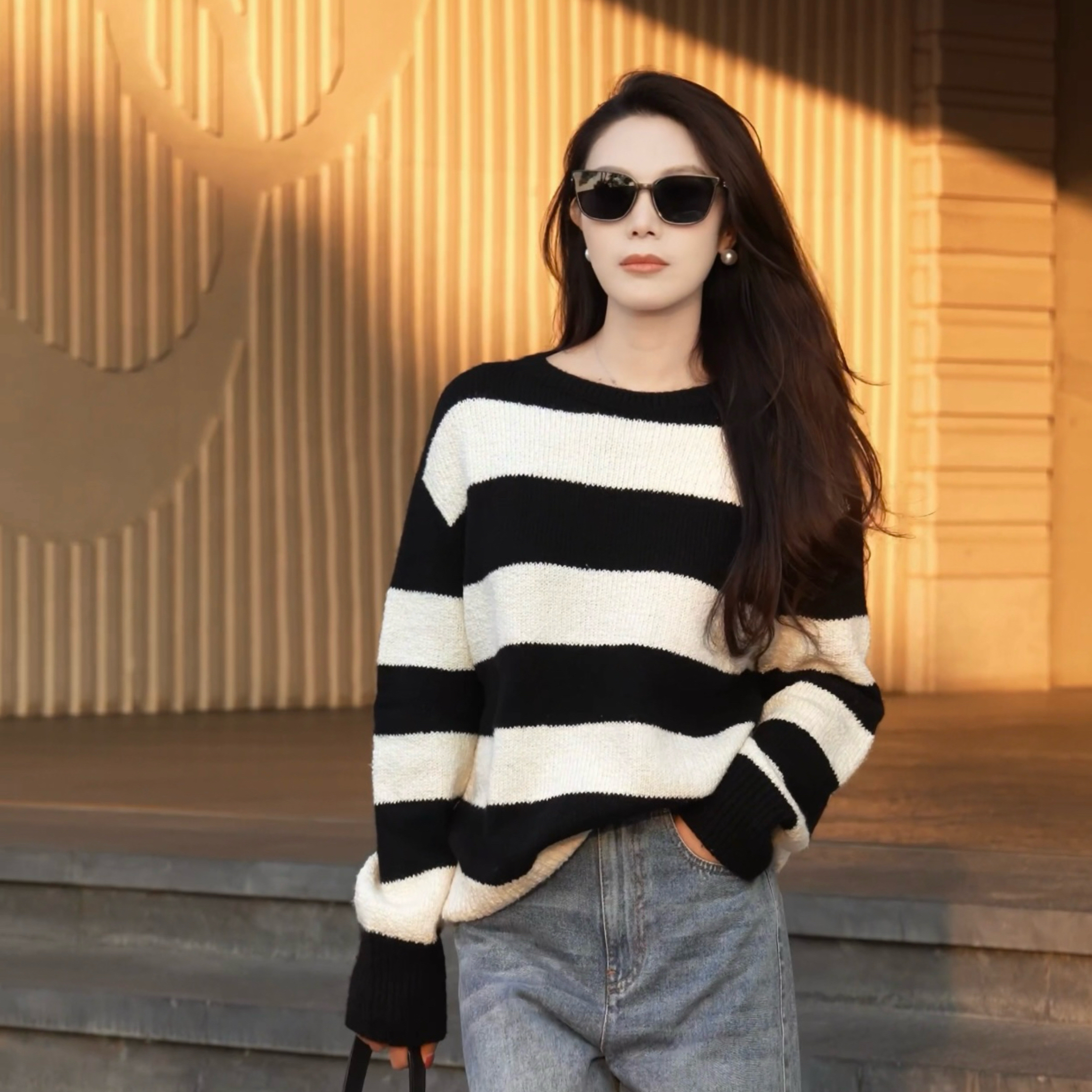 AMASS/阿玛施冬季宽松套头长袖针织衫女百搭条纹时尚圆领 5399748