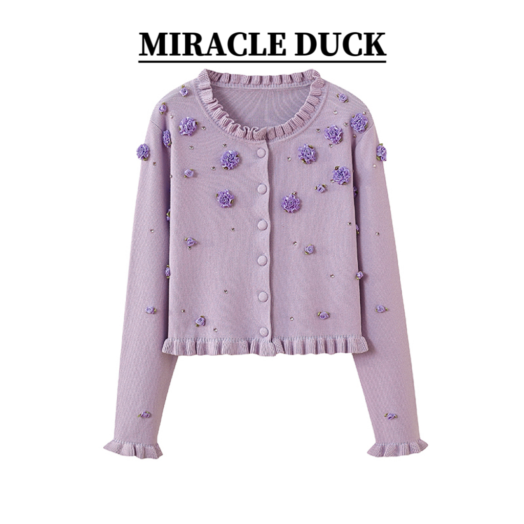 【NO退No换】秋冬洋气手工立体钩花荷叶边圆领长袖针织C1822