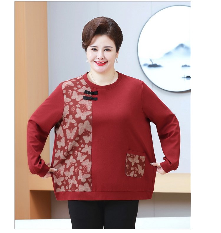 中老年胖妈妈春秋百搭新中式宽松时尚拼接长袖打底加肥奶奶装内搭