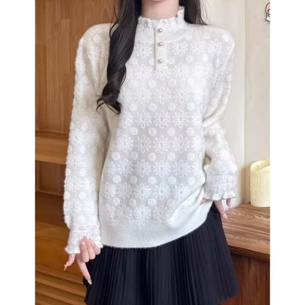 丽姐家~花边气质针织时尚百搭提花上衣824