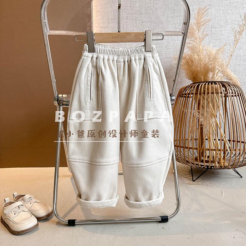 啵小爸【雪绒花】2025新款冬款男童宝宝百搭儿童加绒白色休闲裤子冬