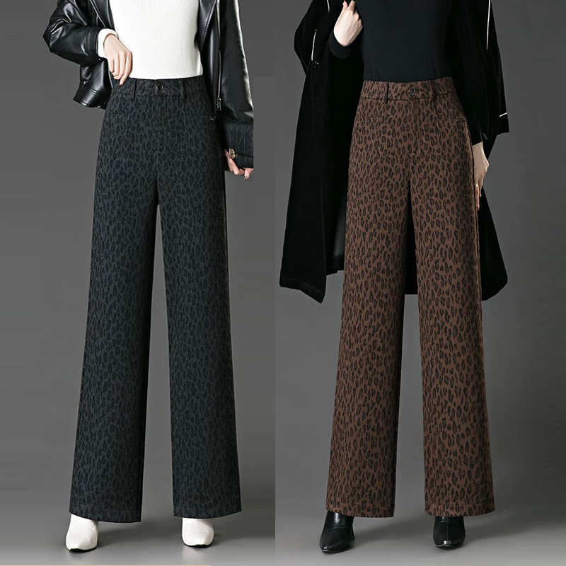 豹纹料阔腿裤长裤单裤休闲裤秋冬款妈妈裤高腰弹力宽松版