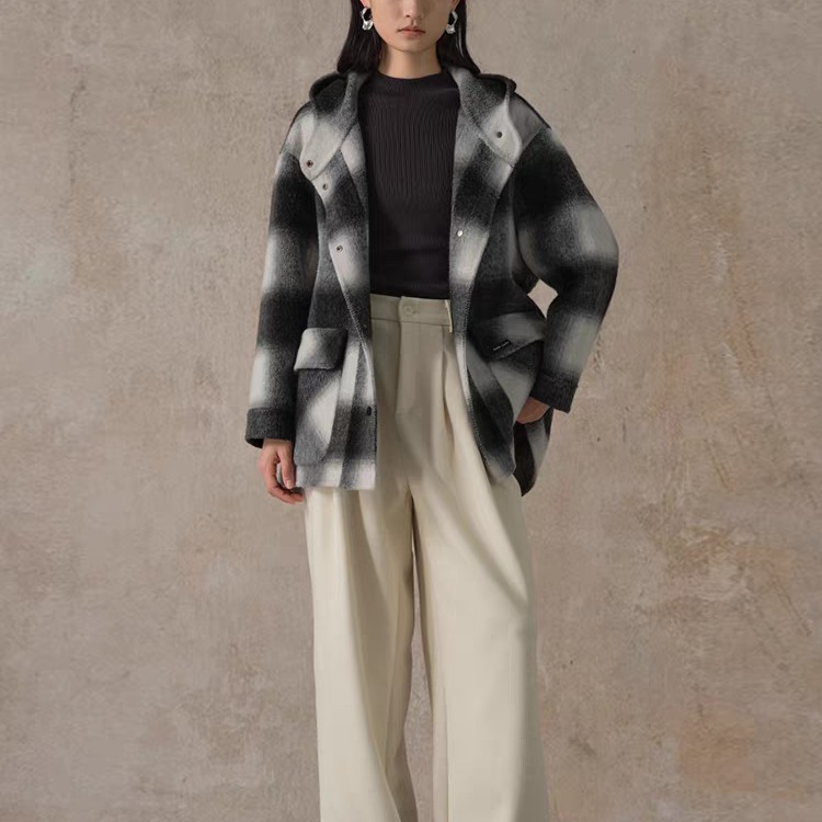 学院风连帽复古格子双面羊毛宽松时尚高级感