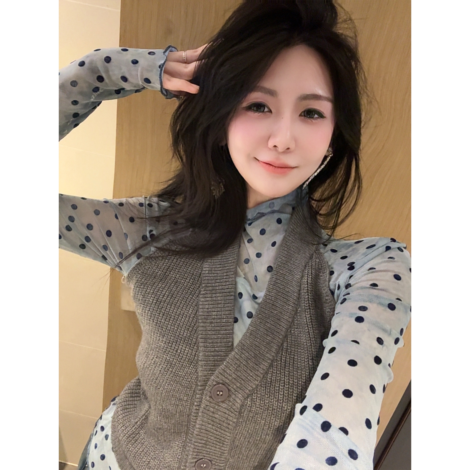 魏婉婉 蓝色渐变色复古波点长袖T恤加绒加厚打底衫高领显气质上衣
