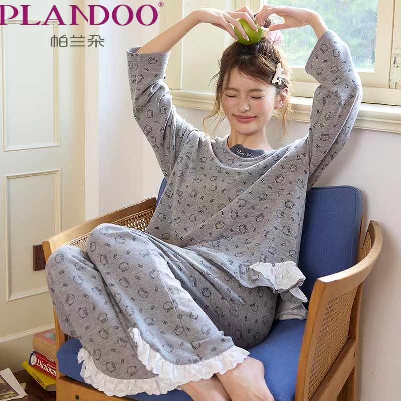 帕兰朵2025女士棉绸保暖睡衣德绒长袖长裤圆领套头冬季居家服套装