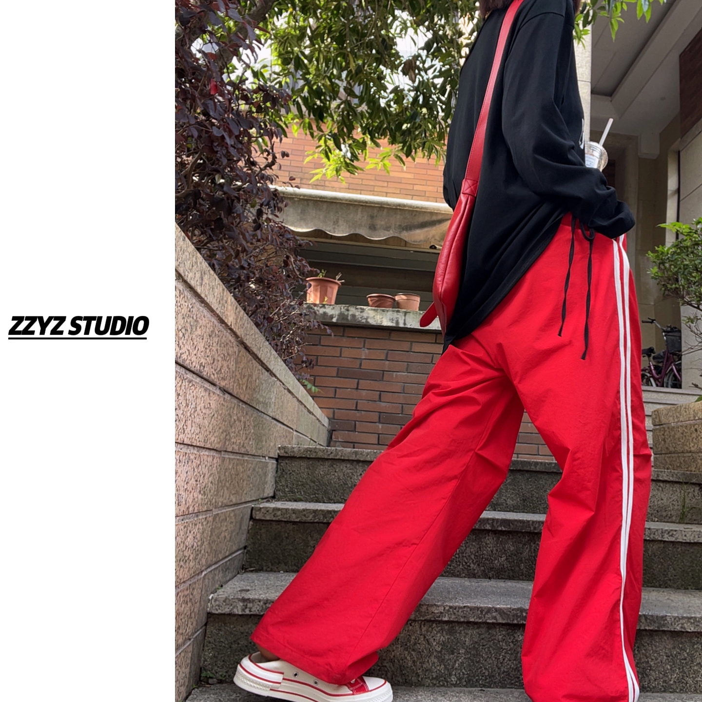 【ZZYZ】“赤焰活力”美式条纹显瘦休闲百搭宽松高腰直筒垂感阔腿长裤