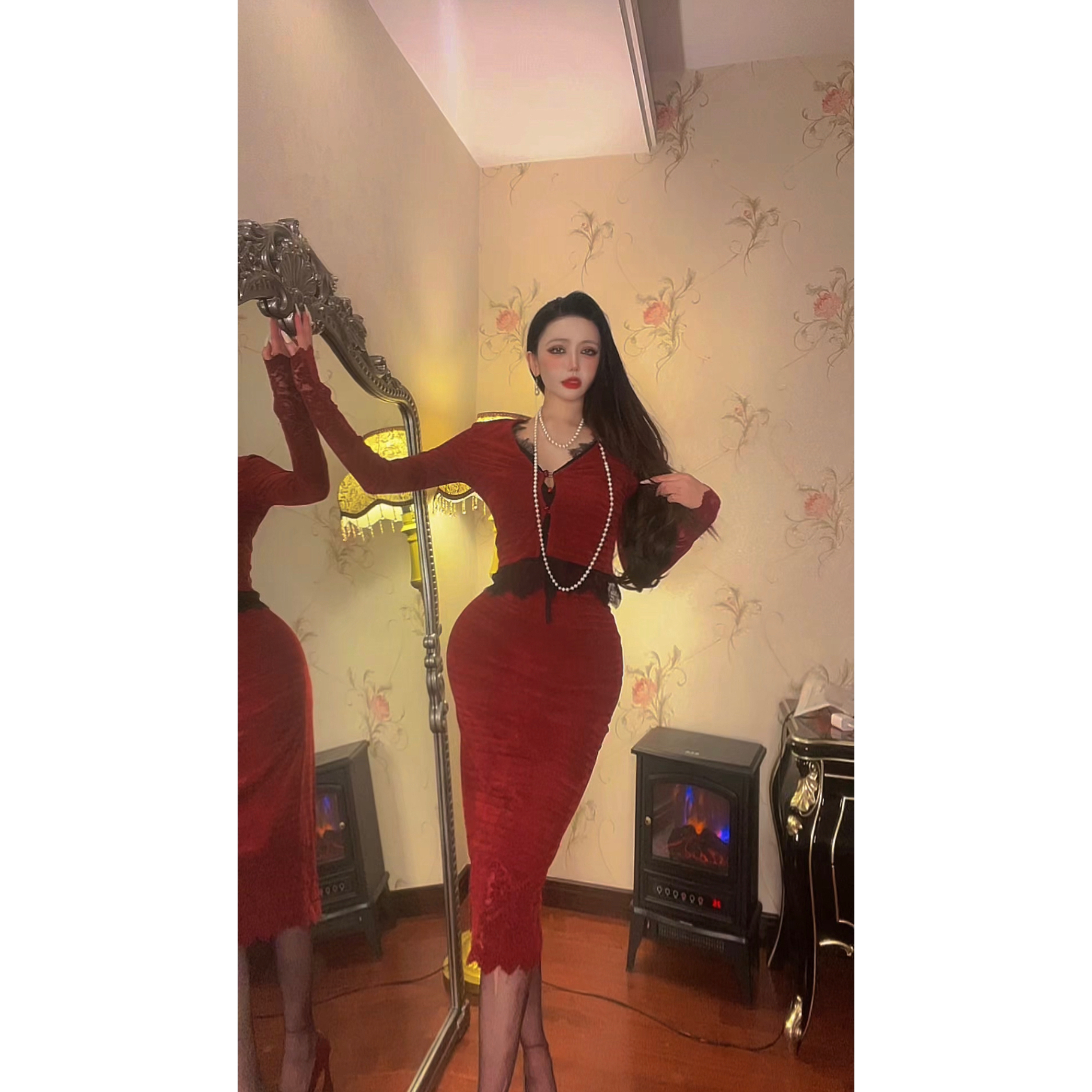 原创自制【星星之火】红红火火过大年丝绒蕾丝拼接套装裙复古包臀