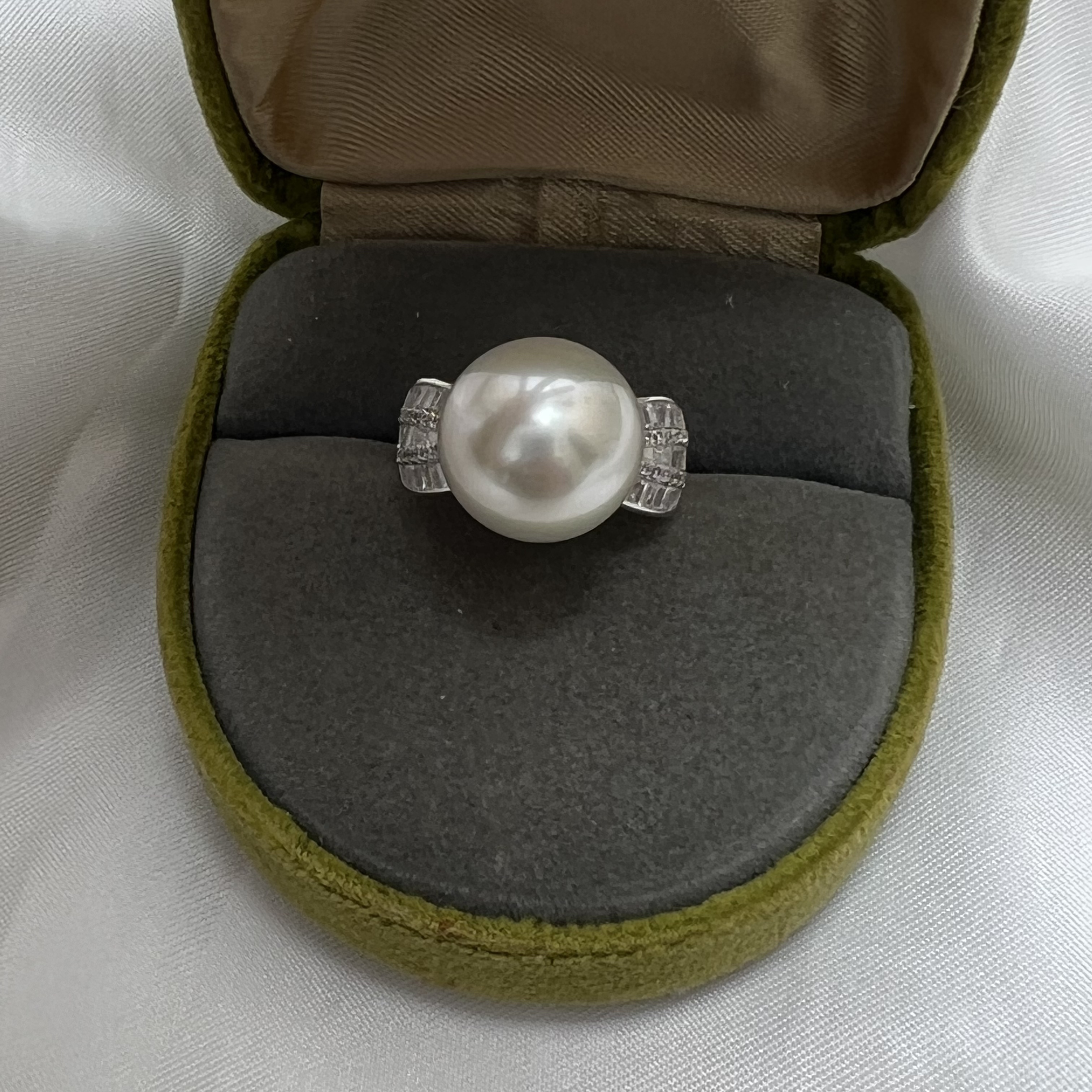 [厚壁款]天然色海水珍珠澳白珍珠戒指12-13mm丝绸光微瑕干枯玫瑰