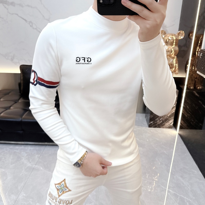 冰希高端.2025冬季新款男士半高领羊毛百搭加绒修身印花打底长袖