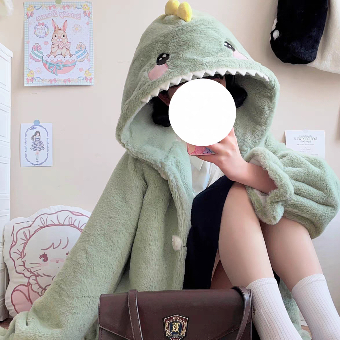 【48小时内现货直发】-小恐龙 加厚毛绒外套 蜜桃白茶原创-不退不换