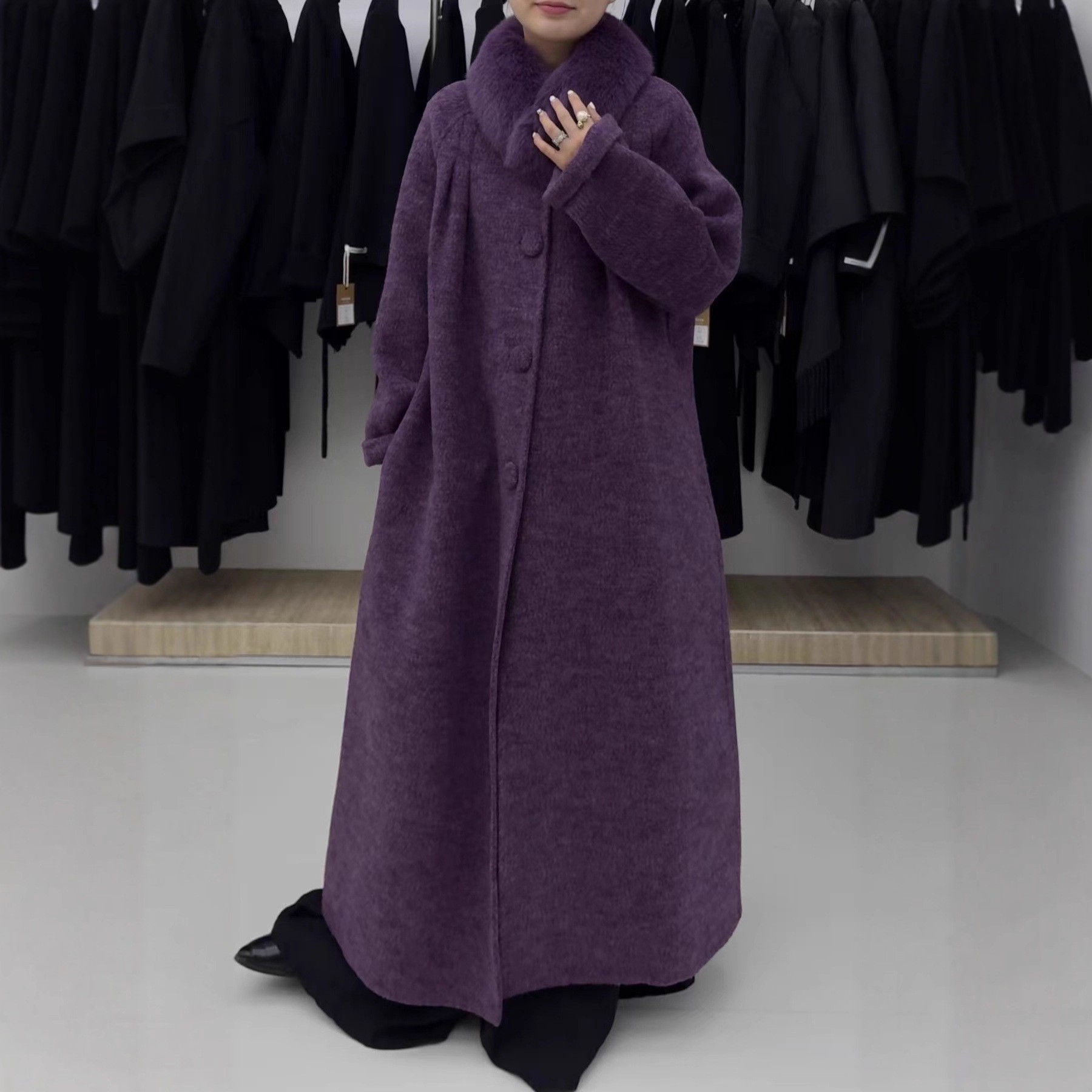 （上新）2025狐狸毛领阔版大包扣羊毛大衣长款时尚气质毛呢风衣外套