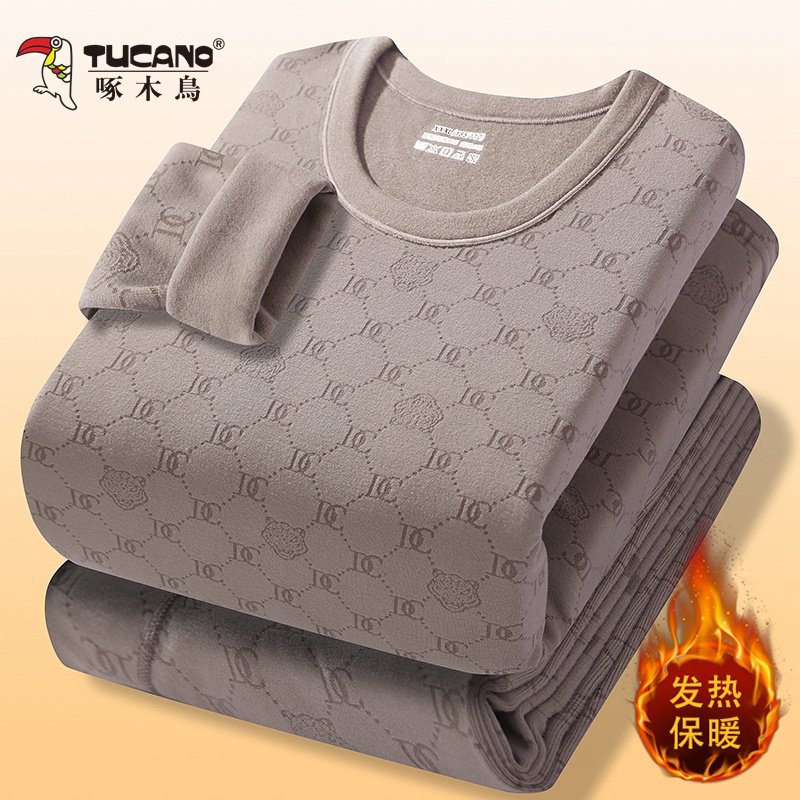 啄木鸟双面德绒男士保暖内衣冬季新款潮流提花打底衫秋衣秋裤套装