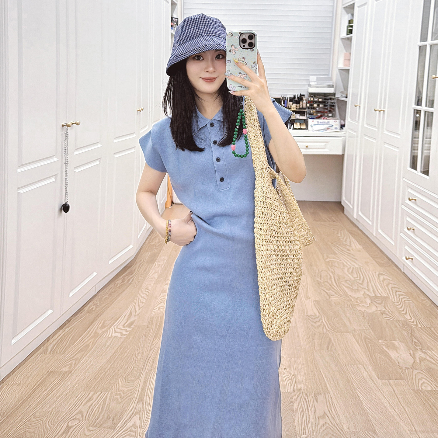 【现货+运补】韩系学院polo领蓝色连衣裙女夏度假收腰长裙清仓5554