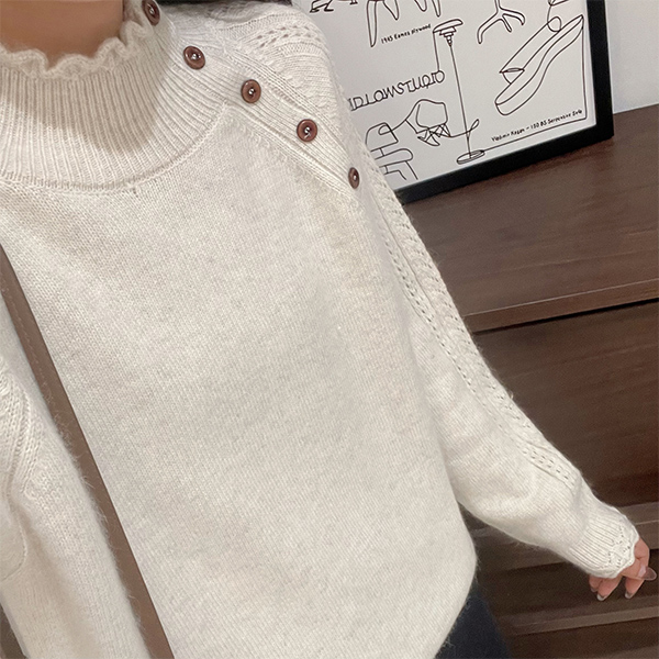【花边拼色斜排扣米白长袖】针织衫宽松显瘦休闲时尚百搭