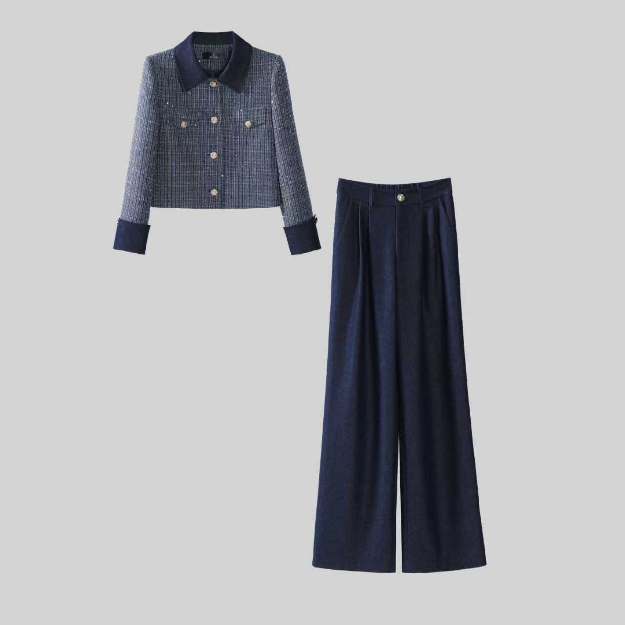 【纪朵研】8091#小香风时尚2025秋季新款套装气质外套阔腿裤三件套