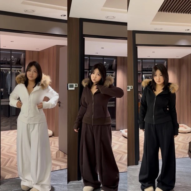 二狗服饰【大毛领】秋冬黑色重磅显瘦外套加绒可拆卸毛领短款女