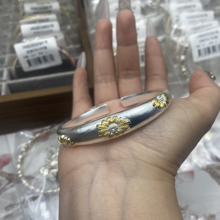足银手镯 足银手镯 1号-描金国风小雏菊猫爪镀法郎彩描金工艺纯银