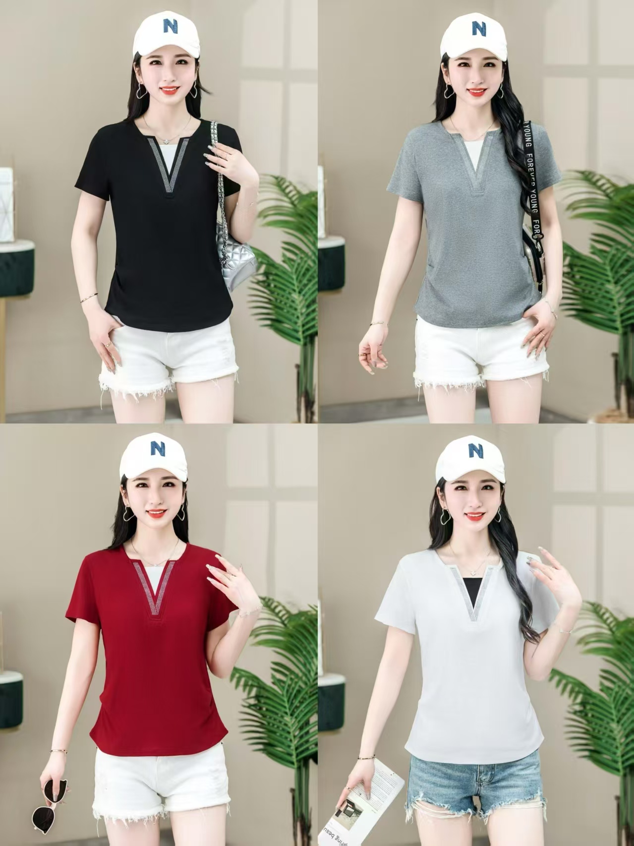 279【衣长56】时尚假两件短袖T恤女2025夏季新款气质显瘦上衣