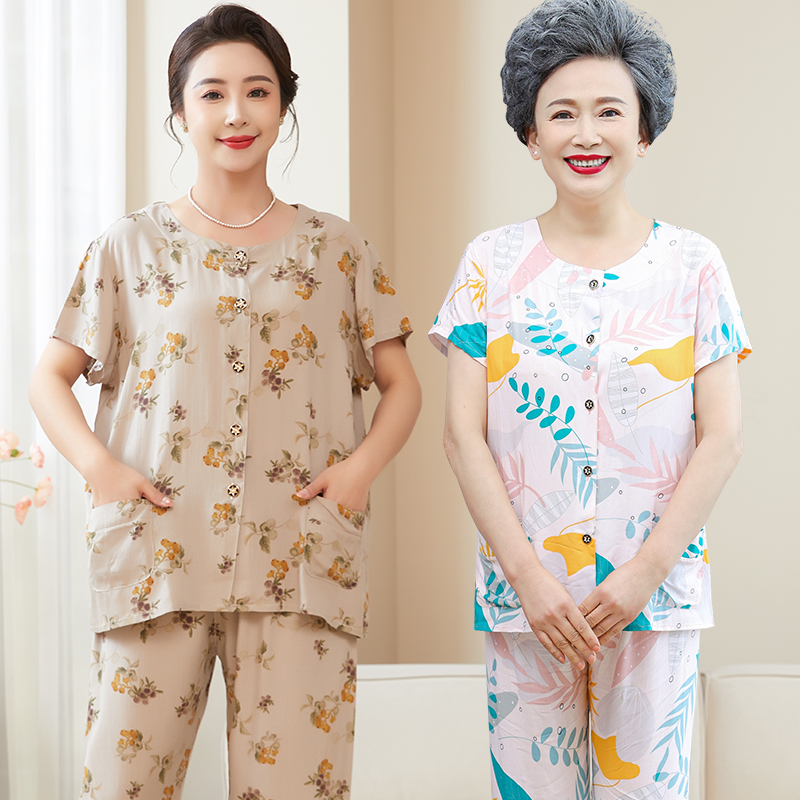 妈妈棉绸睡衣女中老年人夏季外穿圆领短袖亲肤开衫家居服空调服
