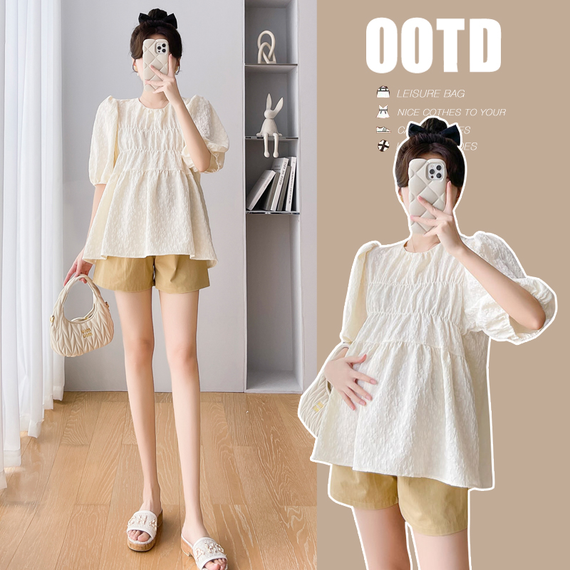 甜美宽松孕妇装肌理褶皱泡泡袖娃娃衫短裤减龄外穿时尚两件套夏季