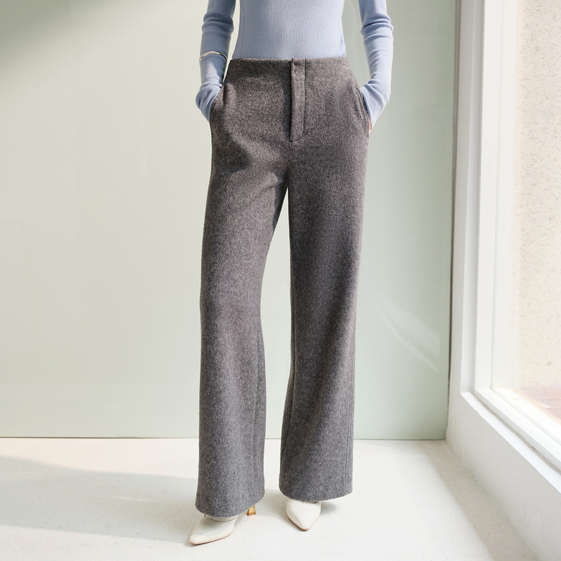 EP雅莹2025新款女装 羊毛混纺双面顺毛呢高腰微喇裤休闲裤6498A